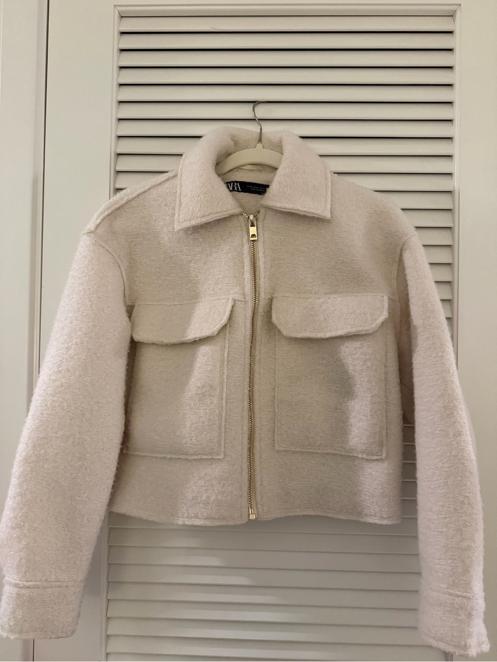 Zara Cream Teddy Zip-Up Jacket with Flap Pockets